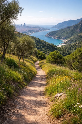 Chemin de terre traversant la forêt pour s'ouvrir sur la lumière de la mer, symbole d'un parcours vers l'équilibre
