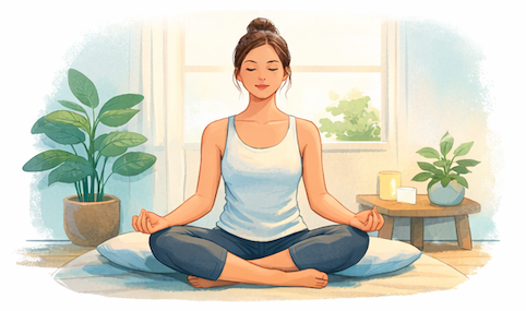 Personne assise en posture de méditation dans un environnement calme, pratiquant la respiration profonde pour réduire le stress et l’anxiété de manière naturelle.