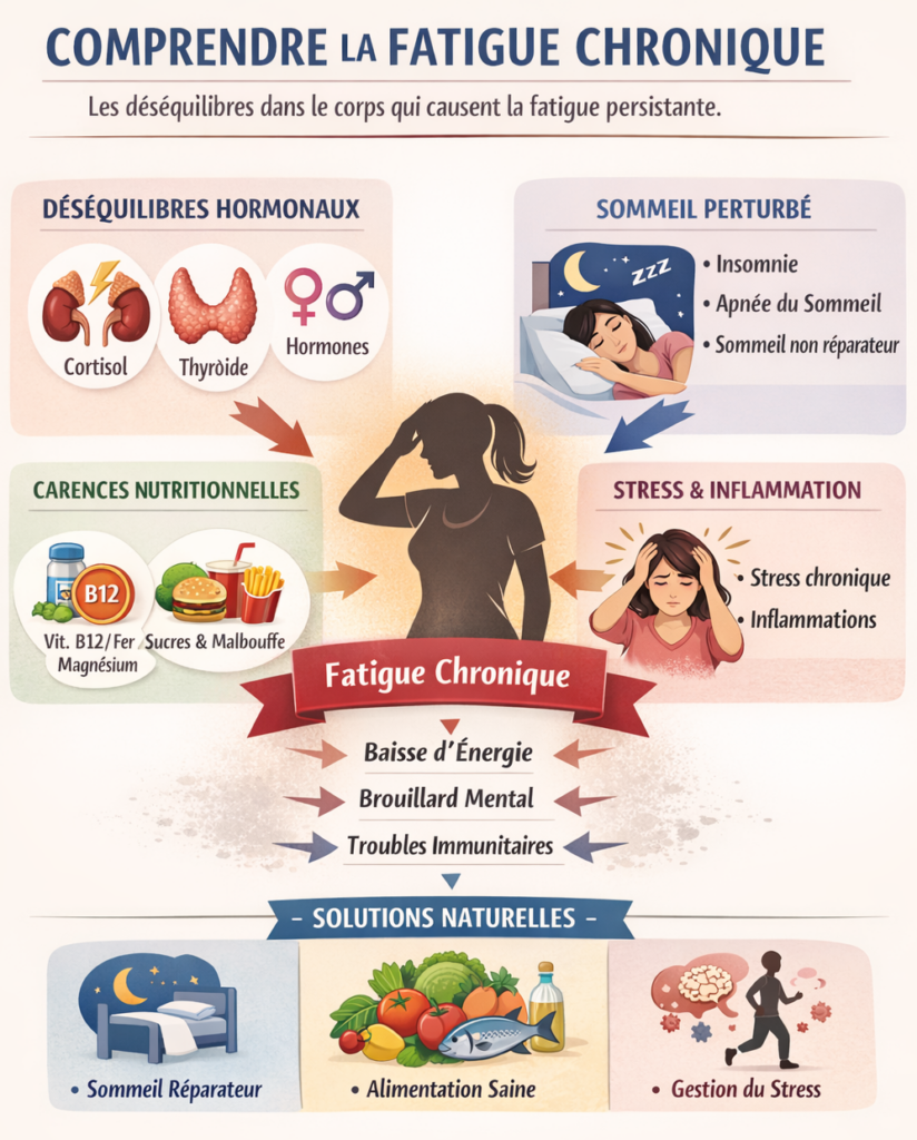 Infographie sur les causes de la fatigue chronique et les solutions naturelles pour retrouver de l’énergie.