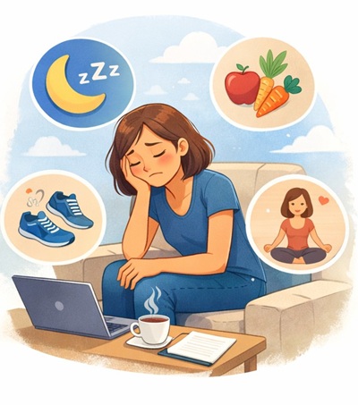 Personne souffrant de fatigue chronique, illustrée assise sur un canapé avec des icônes de sommeil, alimentation saine, sport et relaxation, puis énergique après avoir adopté des solutions naturelles
