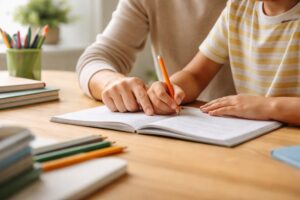 Gros plan sur les mains d’un adulte guidant un enfant dans ses devoirs, accompagnement personnalisé, concentration et soutien scolaire.