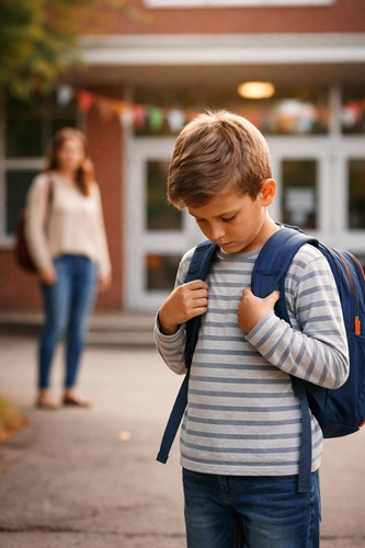 Enfant stressé devant l’école avec son cartable, regard baissé, parent en arrière-plan